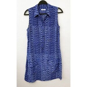 Equipment Women's Blue White Silk Patterned Collard Shift Front Pocket Dress